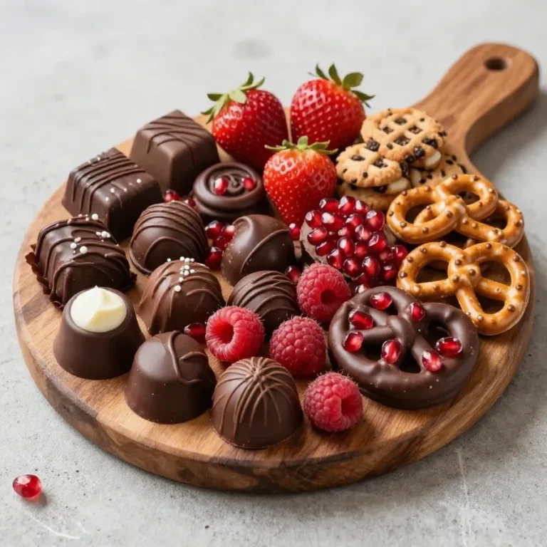 A beautifully arranged chocolate charcuterie board with assorted chocolates, fruits, and nuts.
