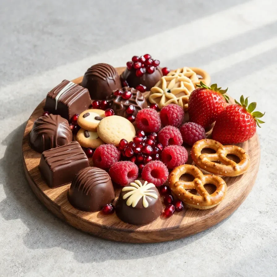 A beautifully arranged chocolate charcuterie board with assorted chocolates, fruits, nuts, and cookies.