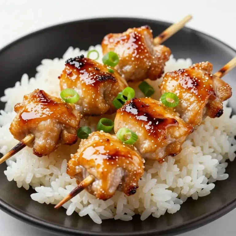 Grilled teriyaki chicken skewers served on a wooden platter with sesame seeds and green onions.