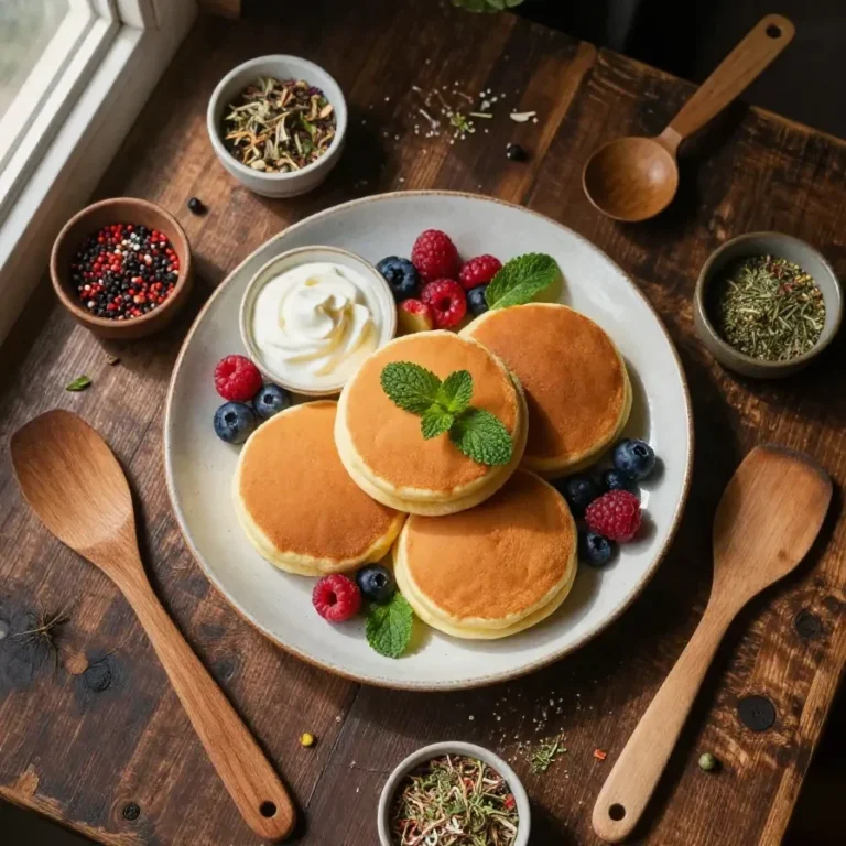 Fluffy Japanese soufflé pancakes stacked on a white plate with powdered sugar on top.