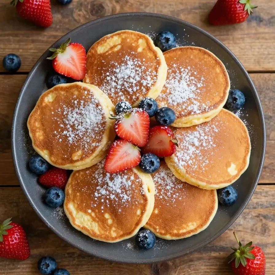 Stack of golden-brown cottage cheese pancakes served on a white plate with fresh berries.