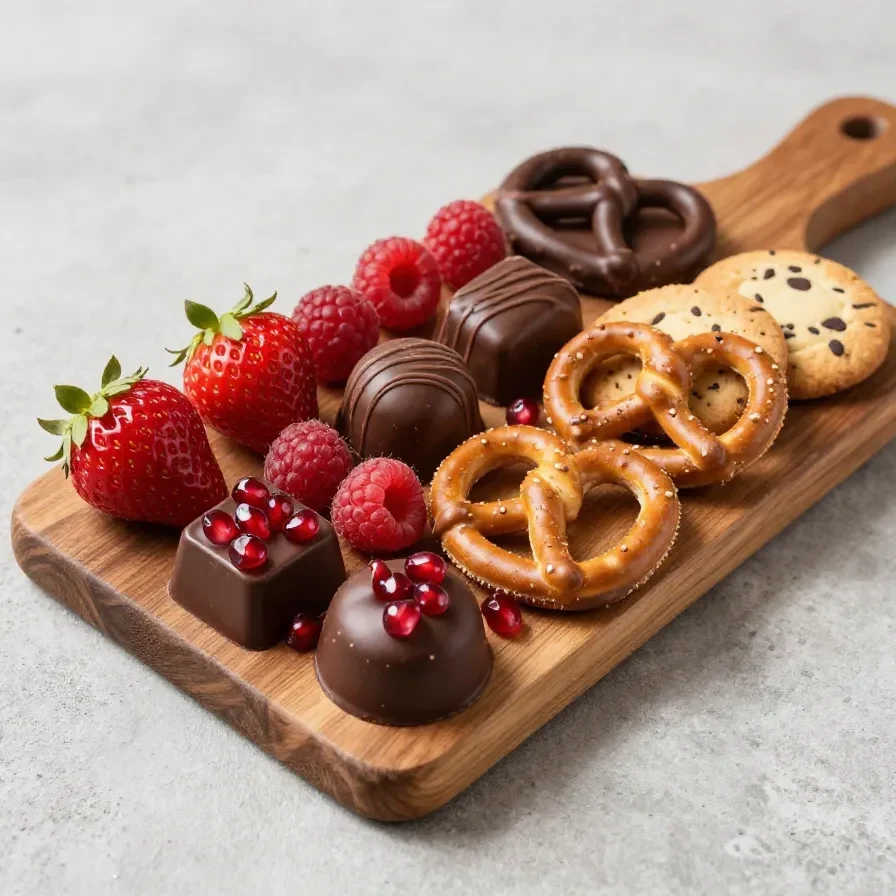 A beautifully arranged chocolate charcuterie board with assorted chocolates, fruits, and nuts.