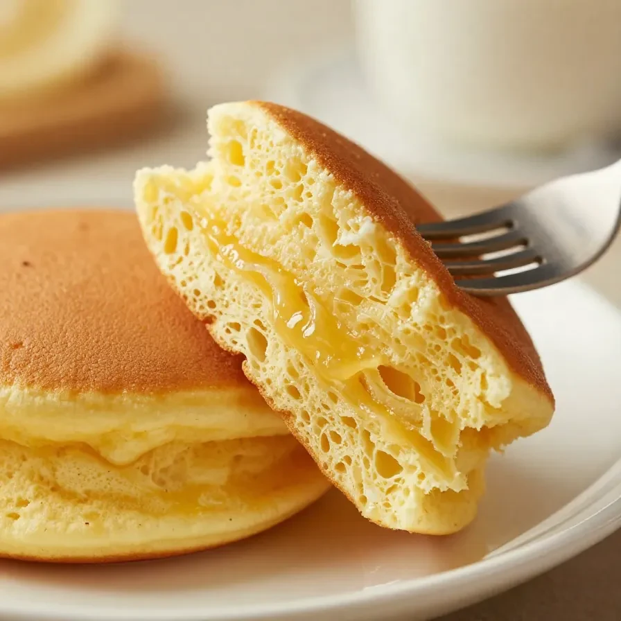 Fluffy Japanese soufflé pancakes stacked on a white plate with powdered sugar on top.