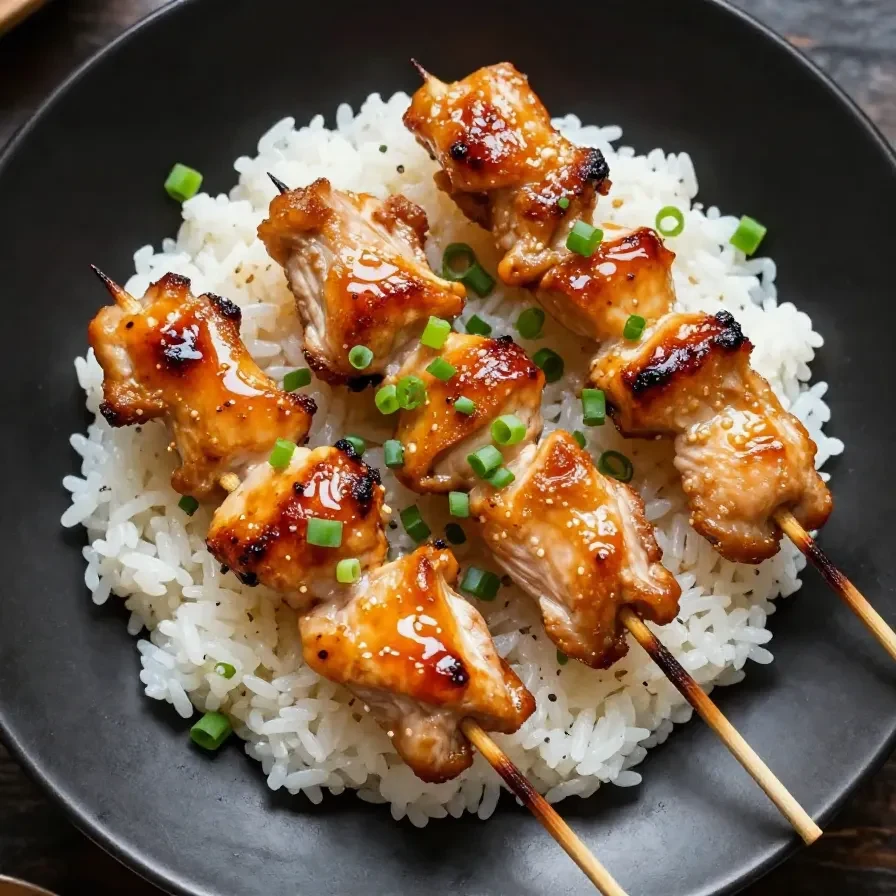 Grilled teriyaki chicken skewers served on a wooden platter with sesame seeds and green onions.