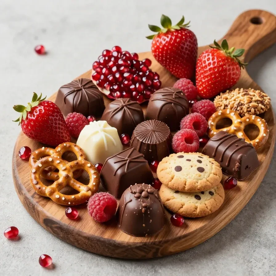 A beautifully arranged chocolate charcuterie board with assorted chocolates, fruits, nuts, and cookies.