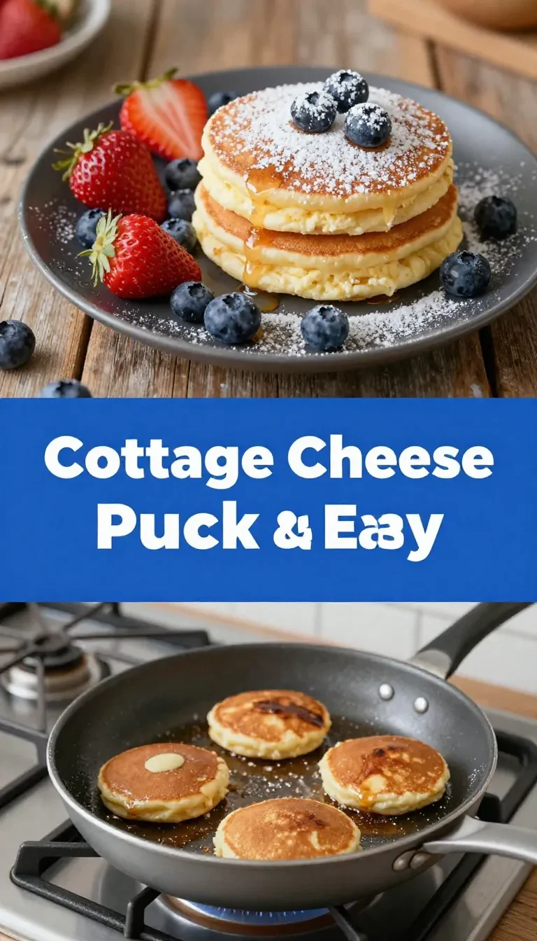 Stack of golden-brown cottage cheese pancakes served on a white plate with fresh berries.