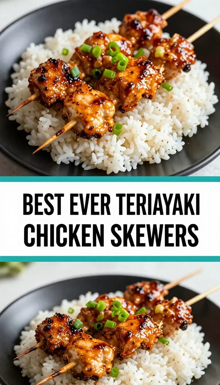 Grilled teriyaki chicken skewers served on a wooden platter with sesame seeds and green onions.