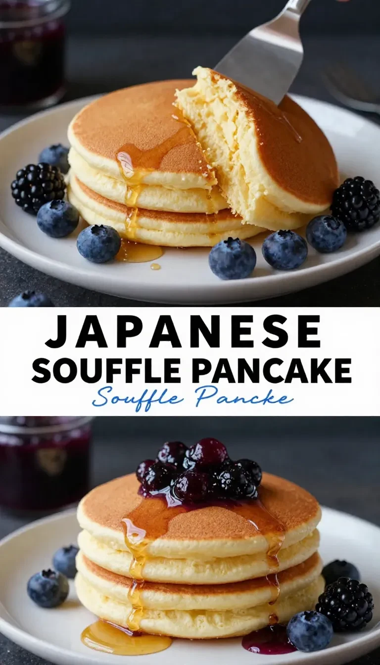 Fluffy Japanese soufflé pancakes stacked on a white plate with powdered sugar on top.