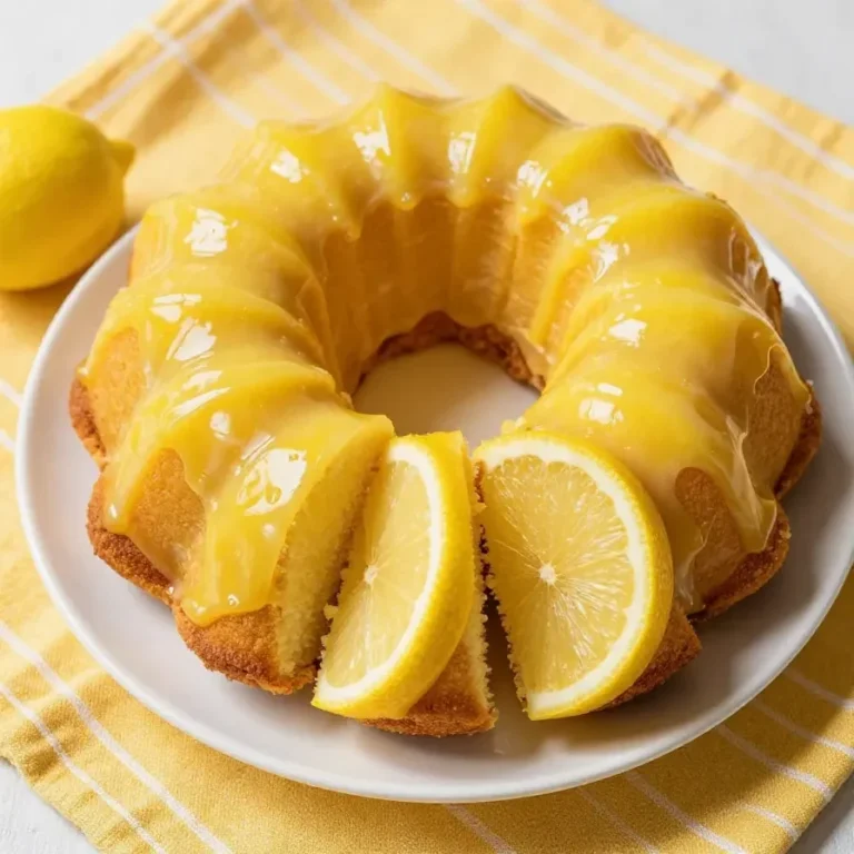 A freshly baked lemon bundt cake topped with cream cheese frosting, displayed on a white plate.