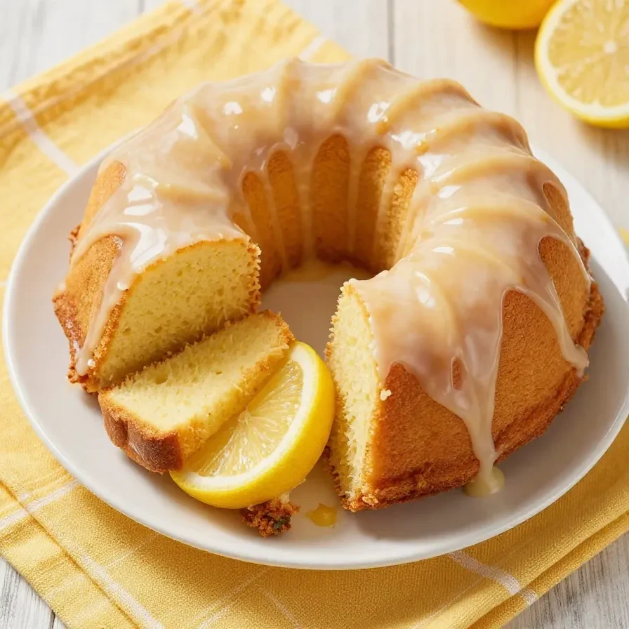 A freshly baked lemon bundt cake topped with cream cheese frosting, displayed on a white plate.