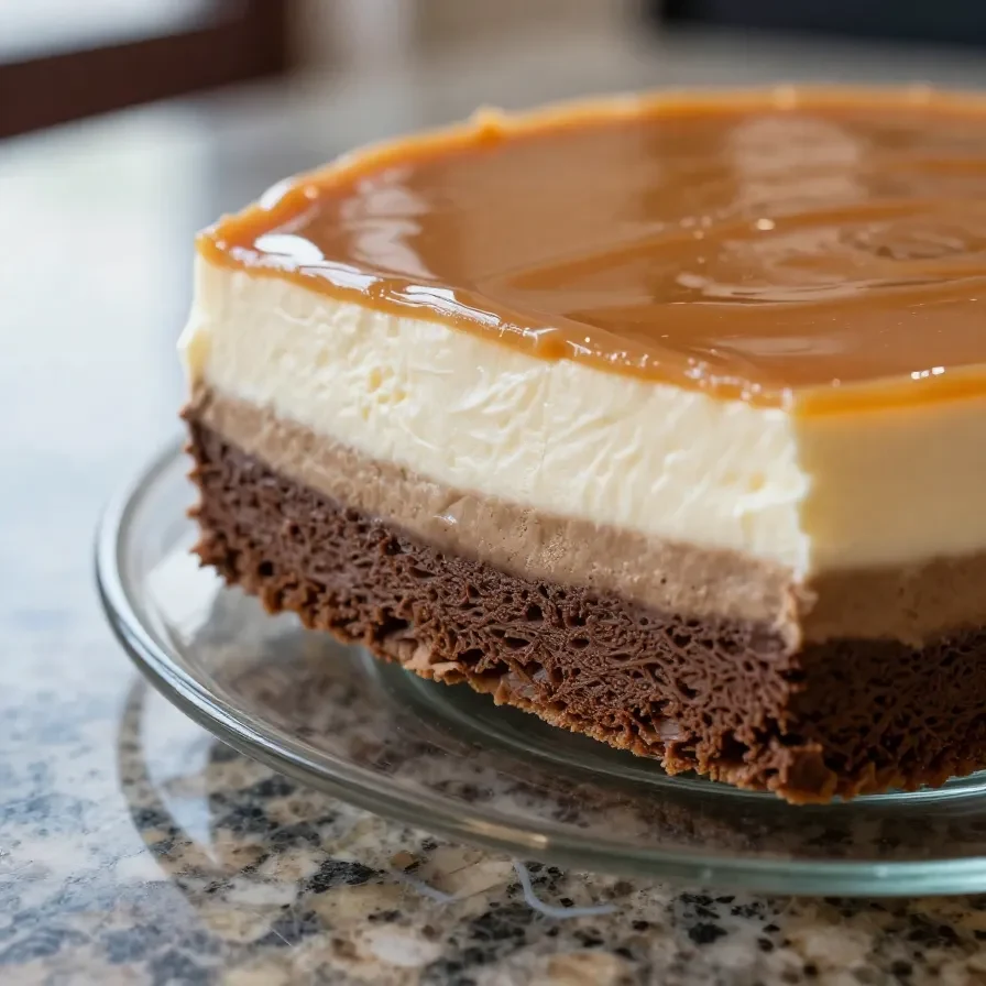 A close-up of a layered no-bake dessert served in a glass bowl, featuring whipped cream, chocolate, and fruit toppings.