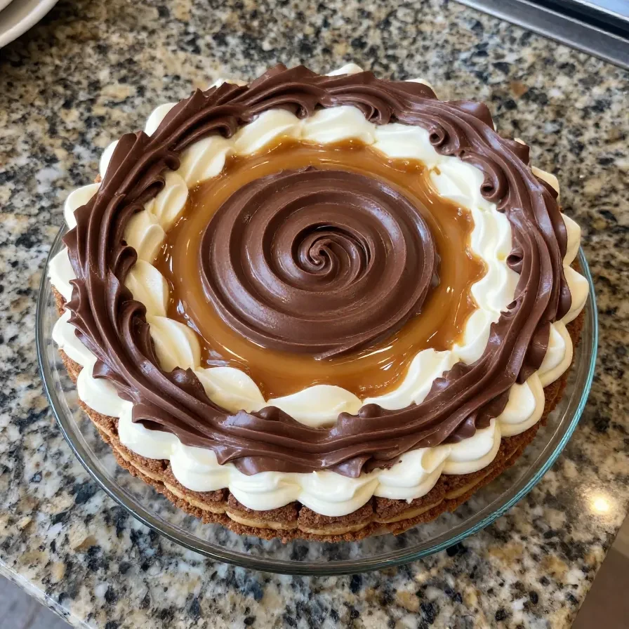 A close-up of a layered no-bake dessert served in a glass bowl, featuring whipped cream, chocolate, and fruit toppings.