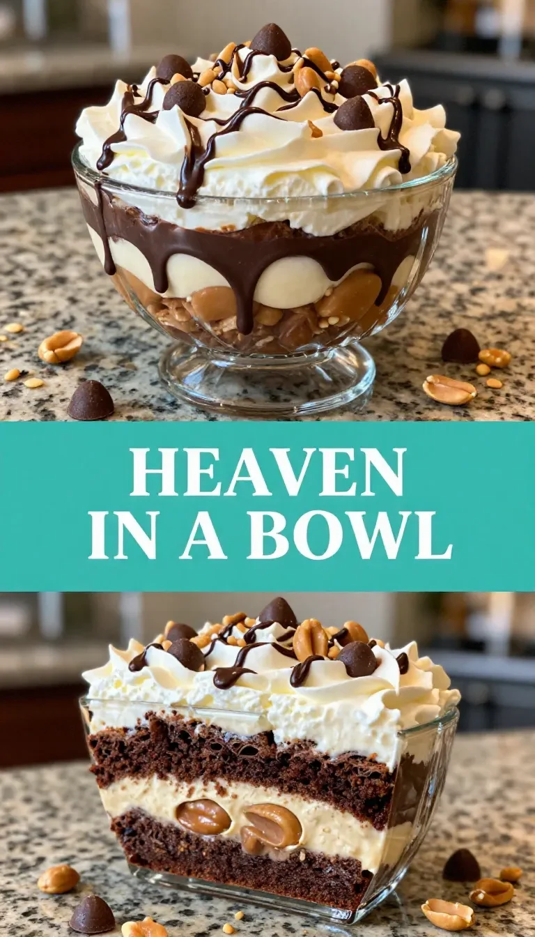 A close-up of a layered no-bake dessert served in a glass bowl, featuring whipped cream, chocolate, and fruit toppings.