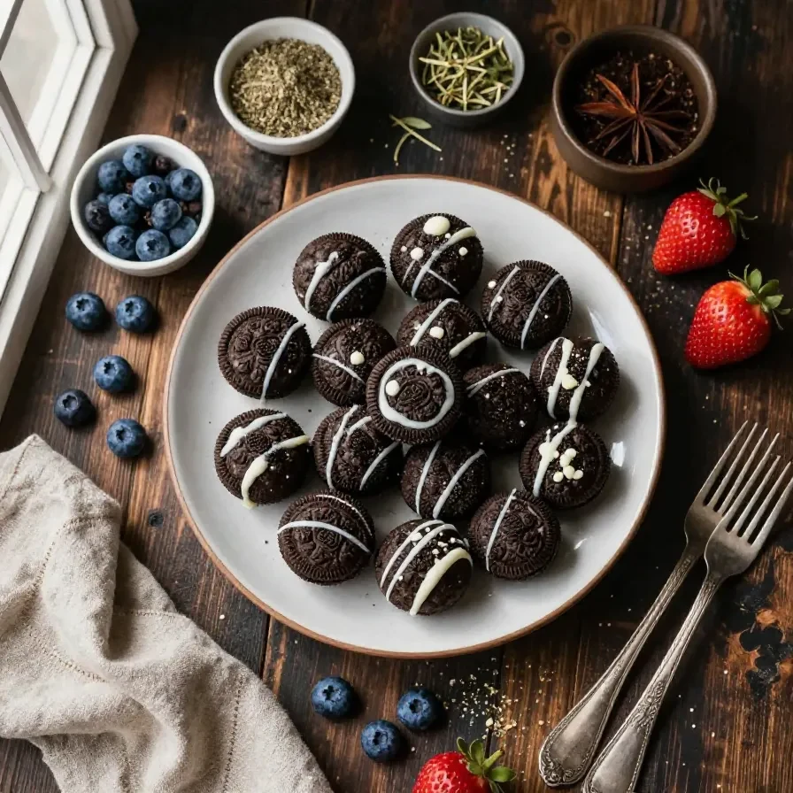 A plate of Oreo balls decorated with red, white, and blue sprinkles, perfect for patriotic celebrations.