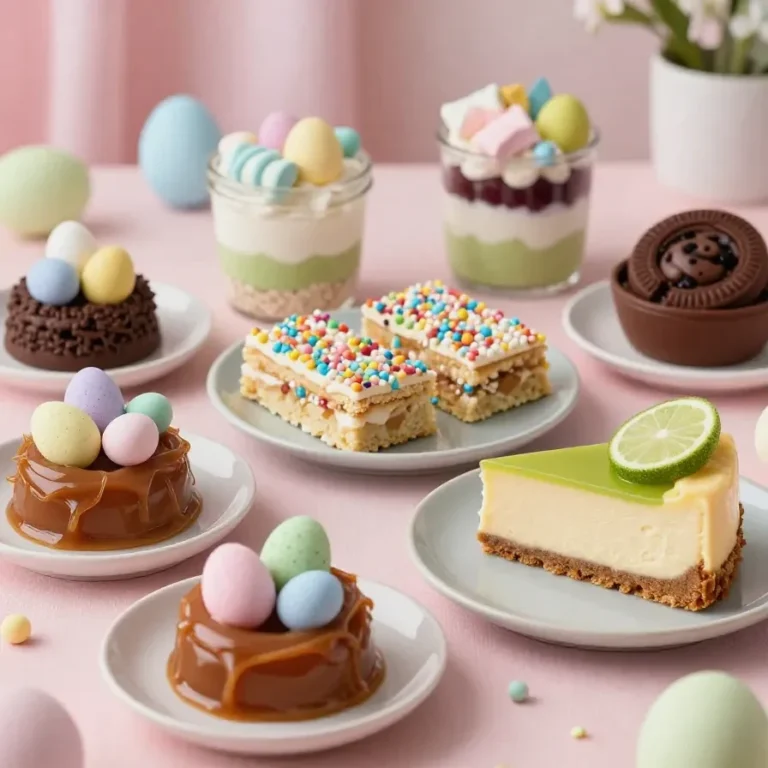 A colorful assortment of easy no-bake Easter desserts, including decorated cookies and pastel-colored treats.