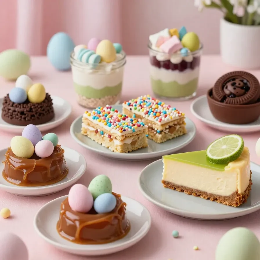 A colorful assortment of easy no-bake Easter desserts, including decorated cookies and pastel-colored treats.