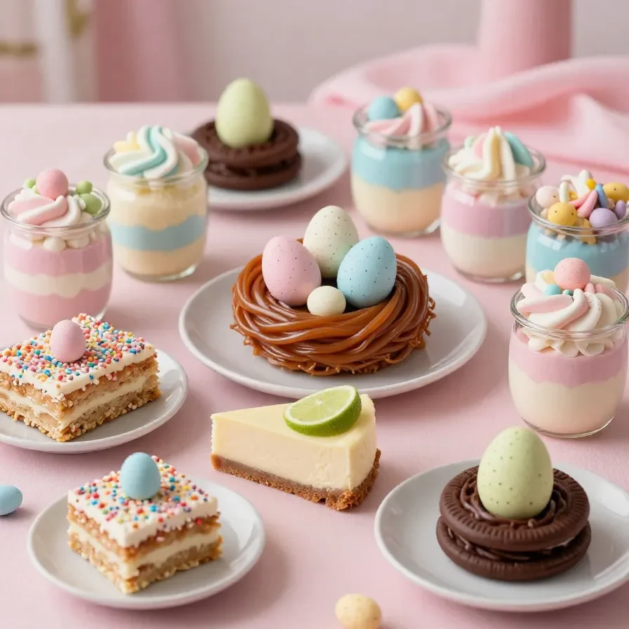 A colorful assortment of easy no-bake Easter desserts, including decorated cookies and pastel-colored treats.
