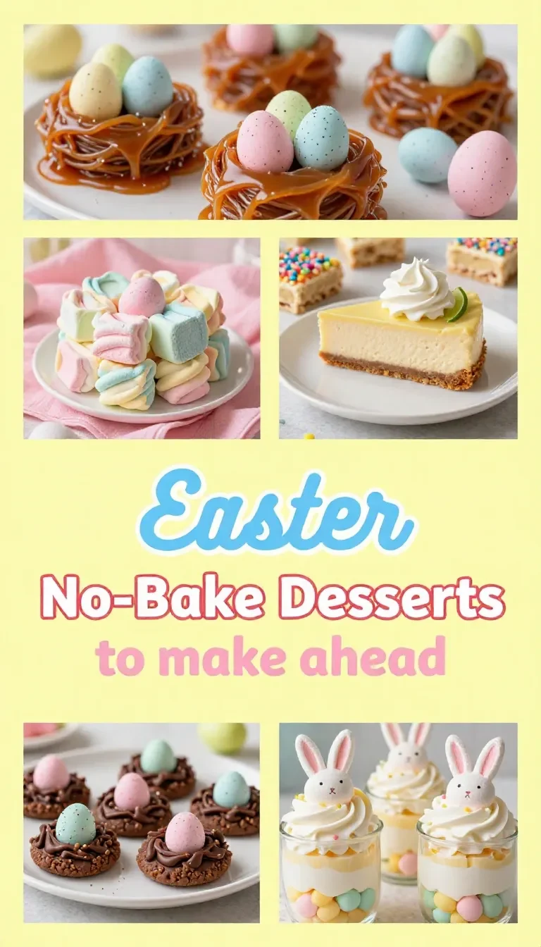 A colorful assortment of easy no-bake Easter desserts, including decorated cookies and pastel-colored treats.