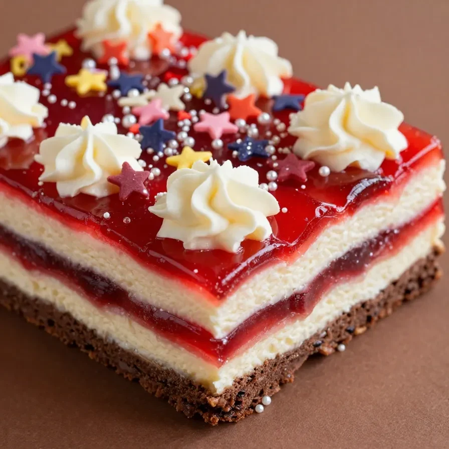 Layered no-bake dessert lasagna with red, white, and blue colors for the 4th of July celebration.