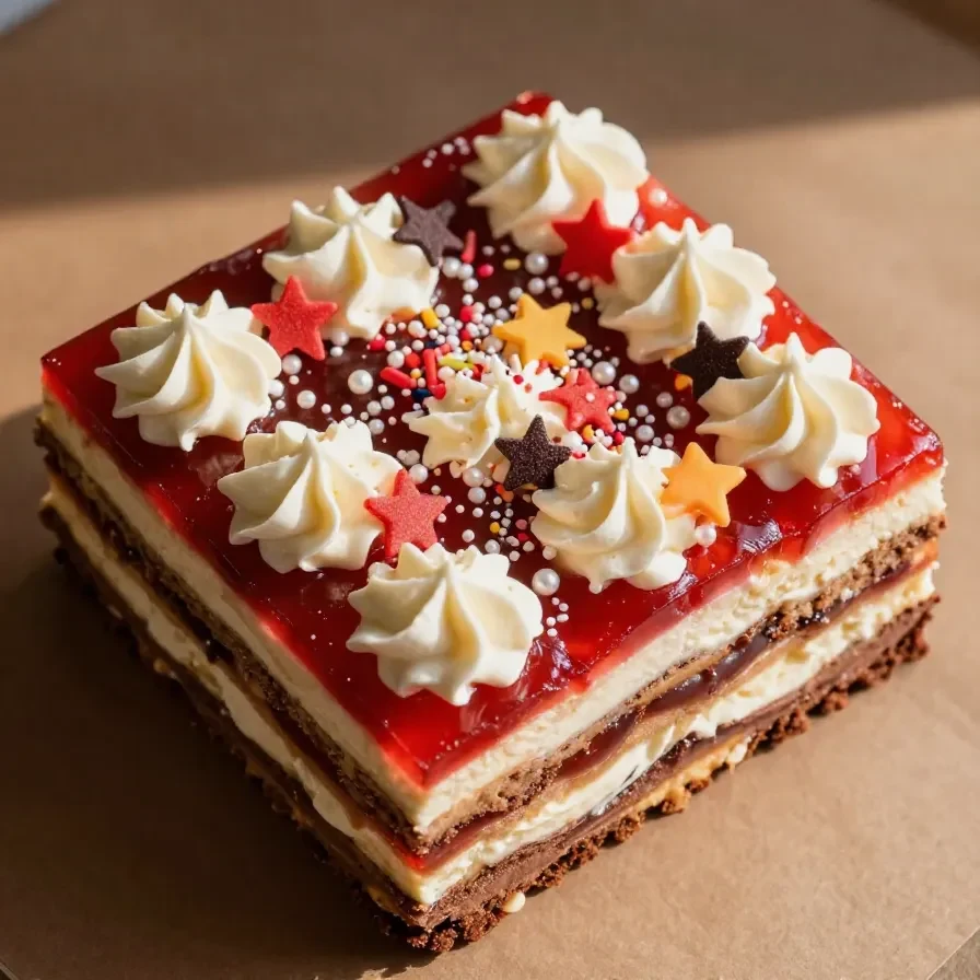 Layered no-bake dessert lasagna with red, white, and blue colors for the 4th of July celebration.