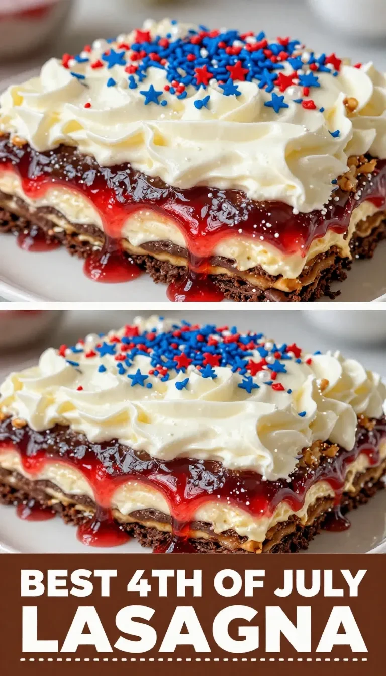Layered no-bake dessert lasagna with red, white, and blue colors for the 4th of July celebration.