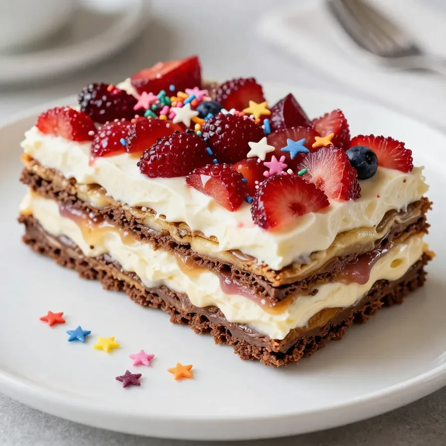 Layered no-bake dessert lasagna featuring red, white, and blue colors for 4th of July celebrations.