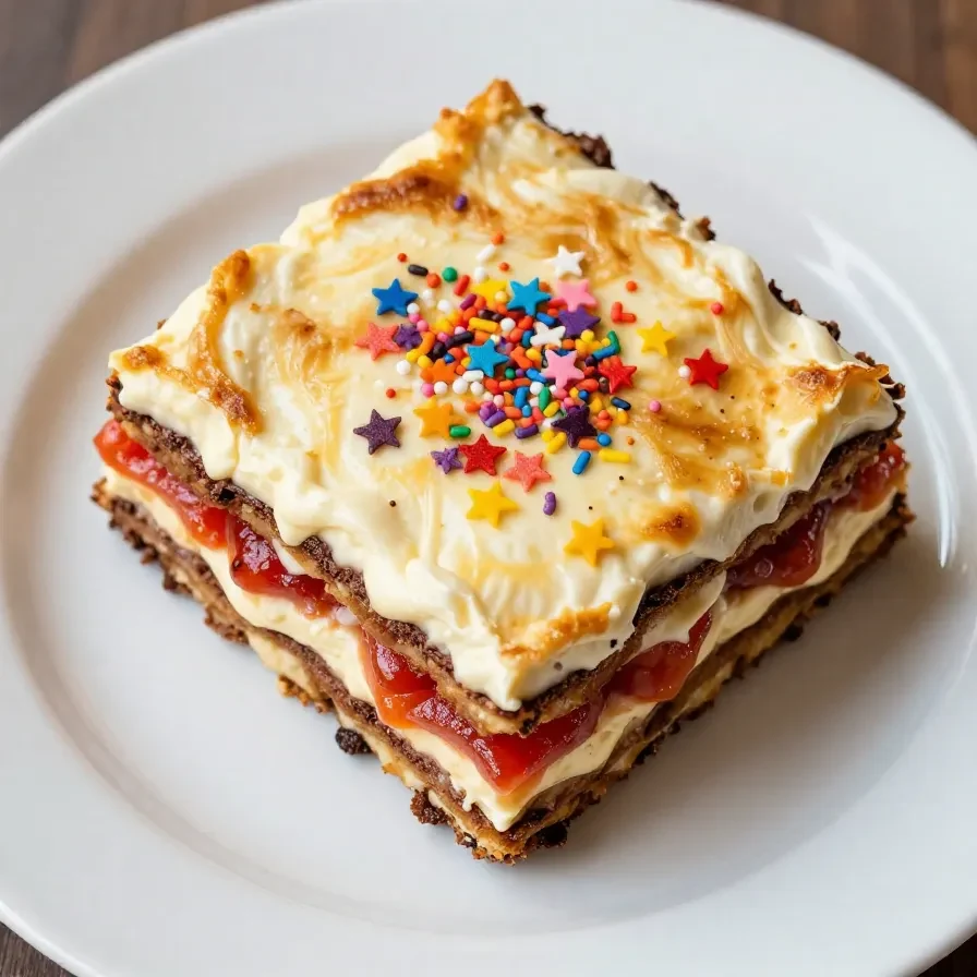 Layered no-bake dessert lasagna featuring red, white, and blue colors for 4th of July celebrations.
