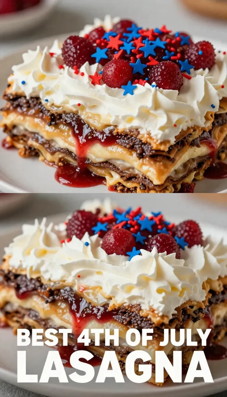 Layered no-bake dessert lasagna featuring red, white, and blue colors for 4th of July celebrations.