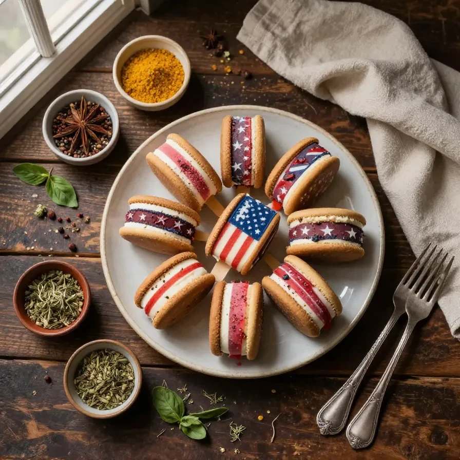 A plate of mini ice cream sandwiches decorated with red, white, and blue sprinkles for a patriotic celebration.