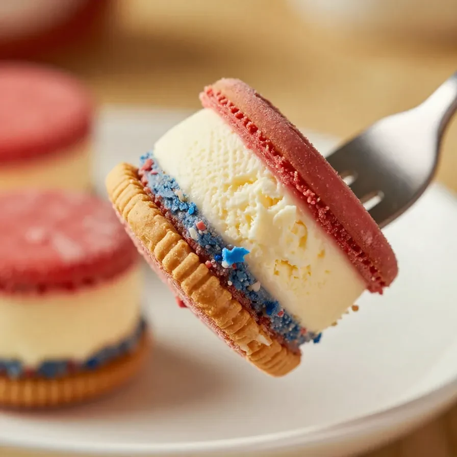 A plate of mini ice cream sandwiches decorated with red, white, and blue sprinkles for a patriotic celebration.