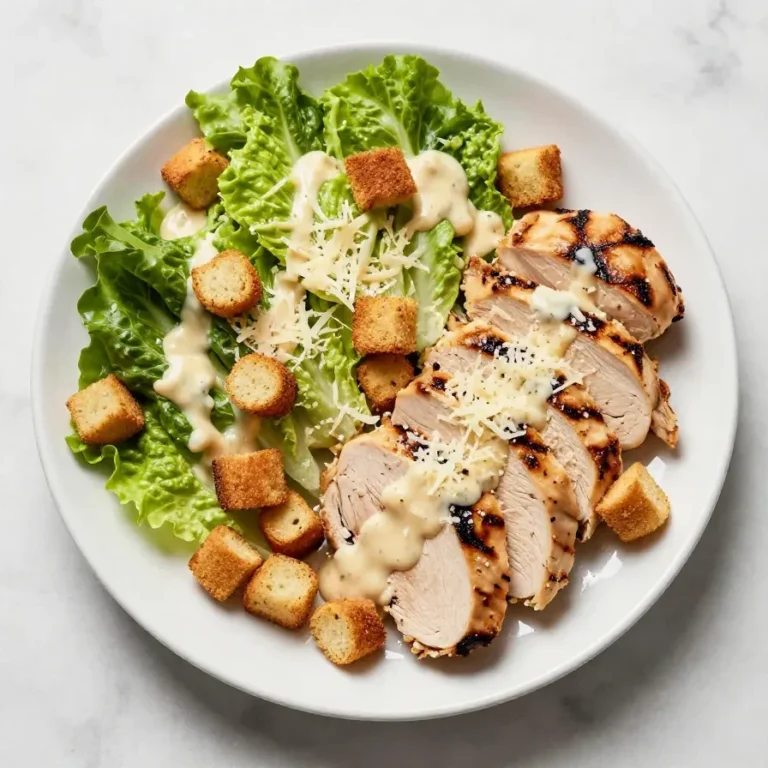A plate of chicken Caesar salad garnished with homemade croutons and Parmesan cheese.