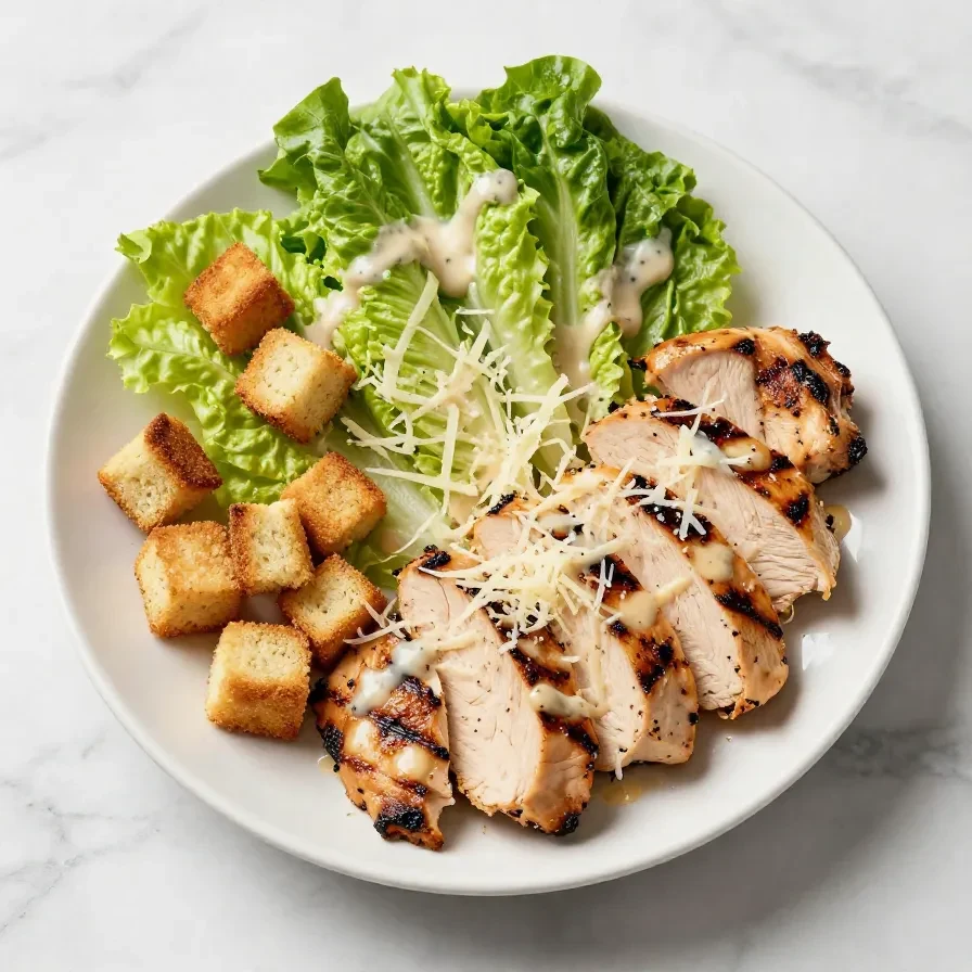 A plate of chicken Caesar salad garnished with homemade croutons and Parmesan cheese.