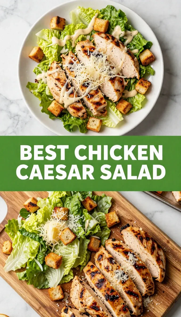 A plate of chicken Caesar salad garnished with homemade croutons and Parmesan cheese.