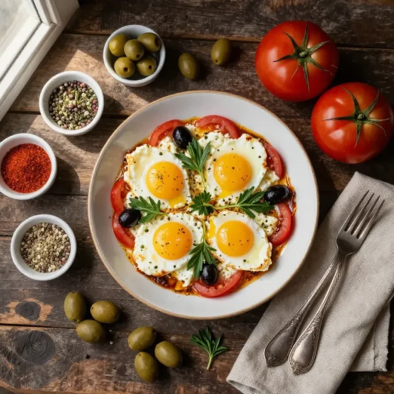 A skillet with Mediterranean baked feta eggs garnished with fresh herbs and served with bread slices.