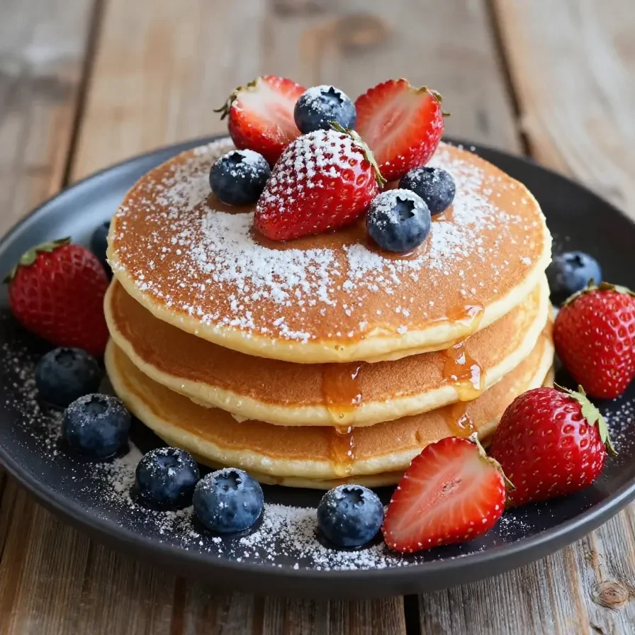 A stack of golden-brown cottage cheese pancakes topped with fresh berries and drizzled with honey.