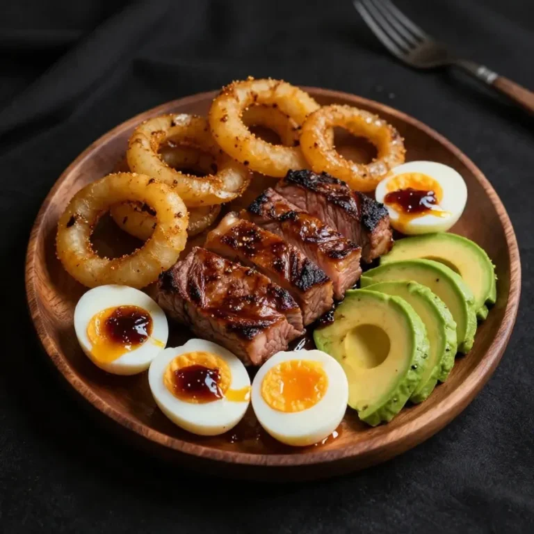 A hearty breakfast plate featuring sliced steak, sunny-side-up eggs, and fresh avocado slices served on a white plate.