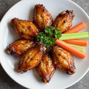 A plate of crispy baked BBQ chicken wings served with dipping sauce and garnished with green onions.