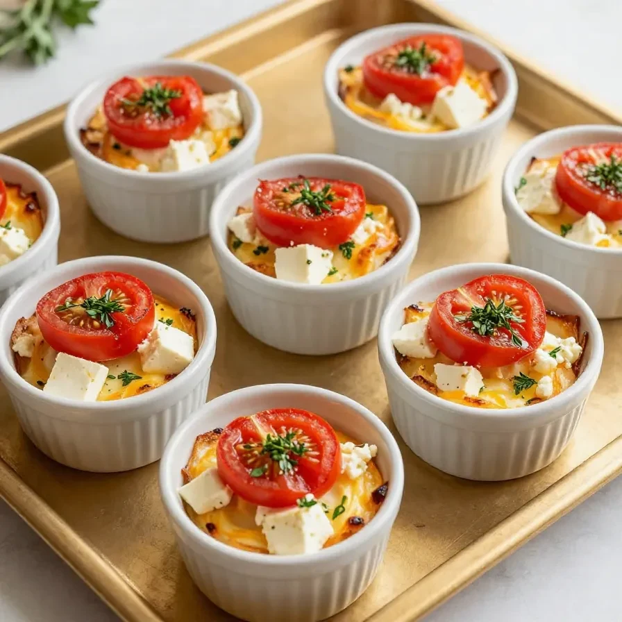 A skillet with Mediterranean baked feta eggs garnished with fresh herbs and served with bread slices.