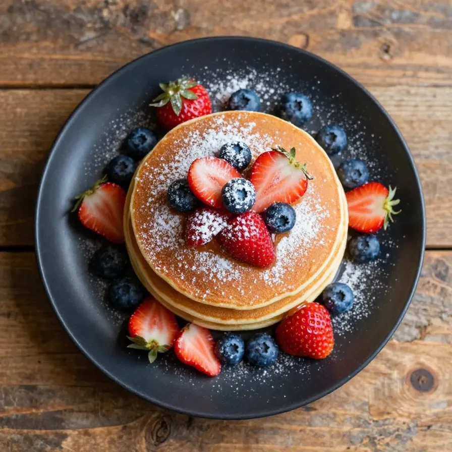 A stack of golden-brown cottage cheese pancakes topped with fresh berries and drizzled with honey.