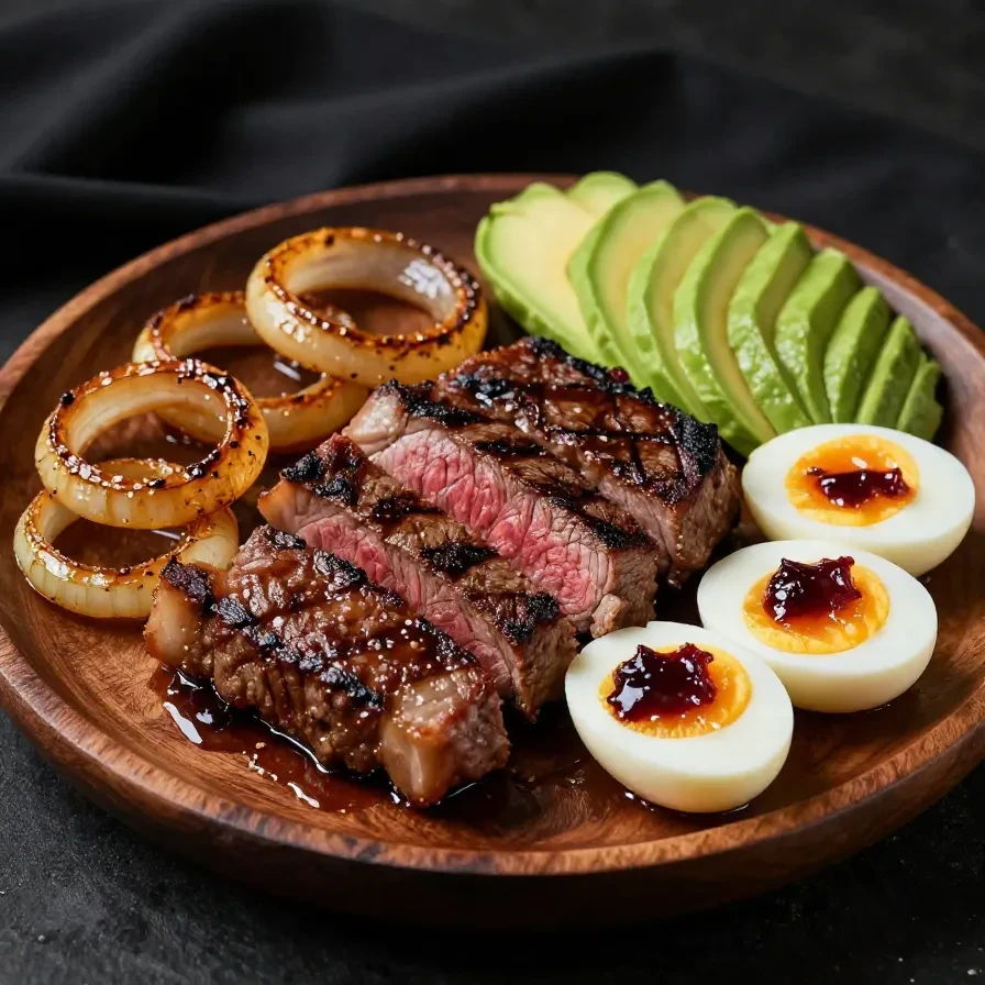 A hearty breakfast plate featuring sliced steak, sunny-side-up eggs, and fresh avocado slices served on a white plate.