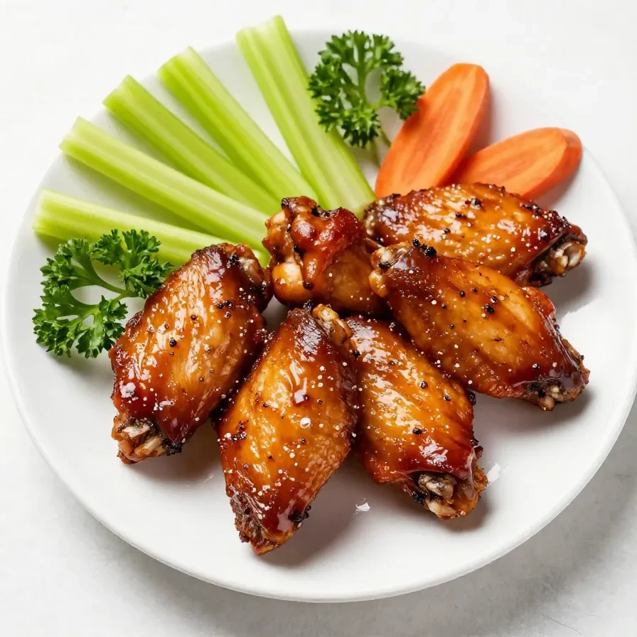 A plate of crispy baked BBQ chicken wings served with dipping sauce and garnished with green onions.