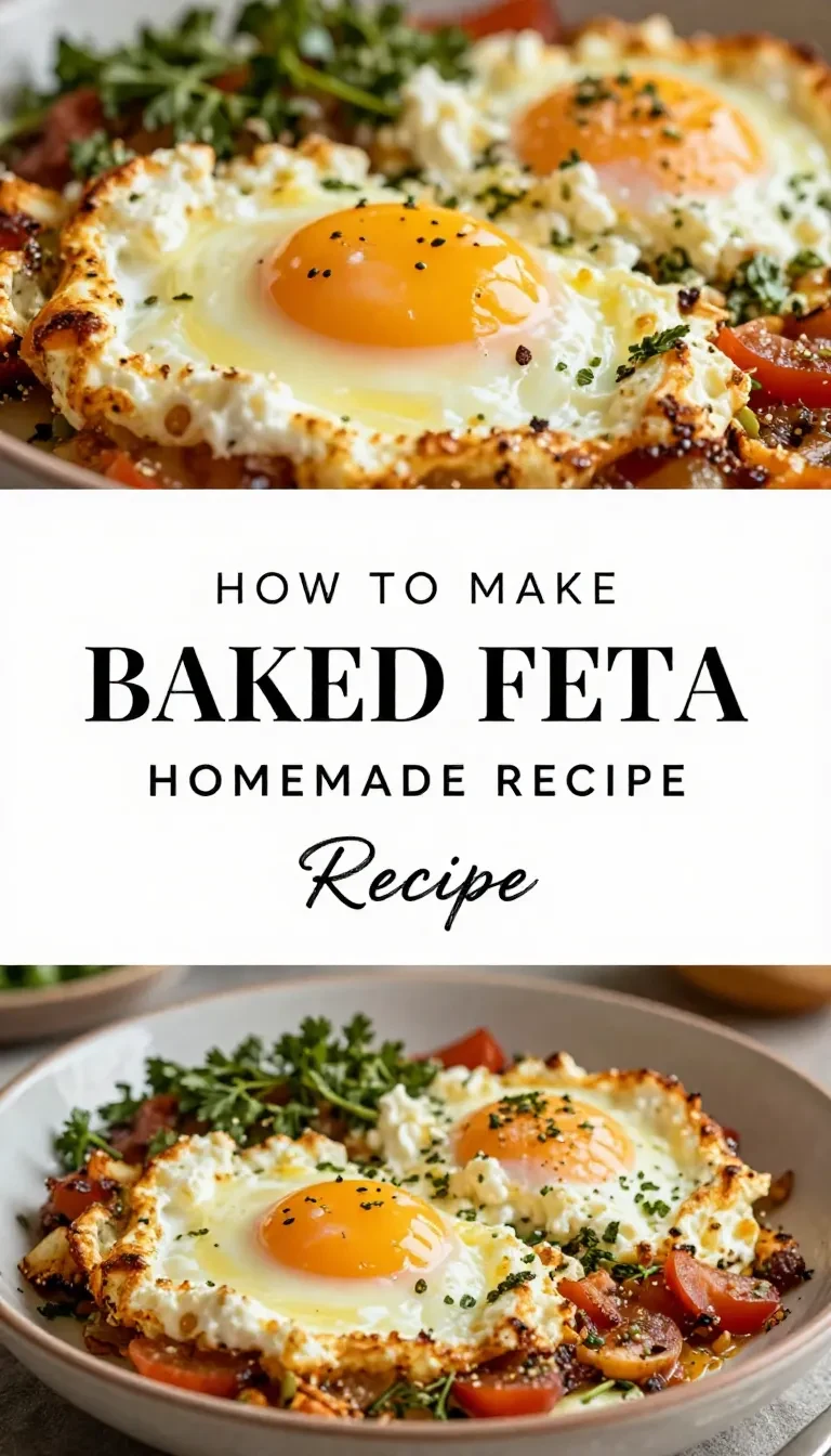 A skillet with Mediterranean baked feta eggs garnished with fresh herbs and served with bread slices.