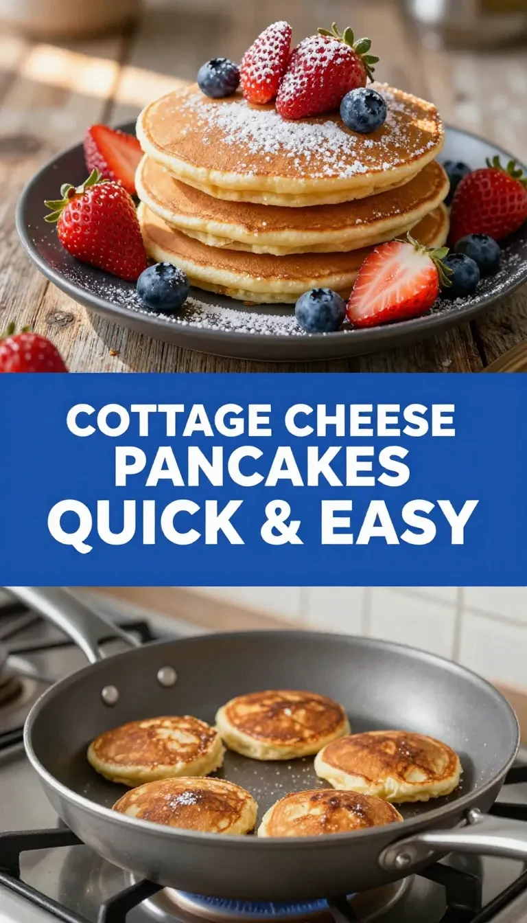 A stack of golden-brown cottage cheese pancakes topped with fresh berries and drizzled with honey.
