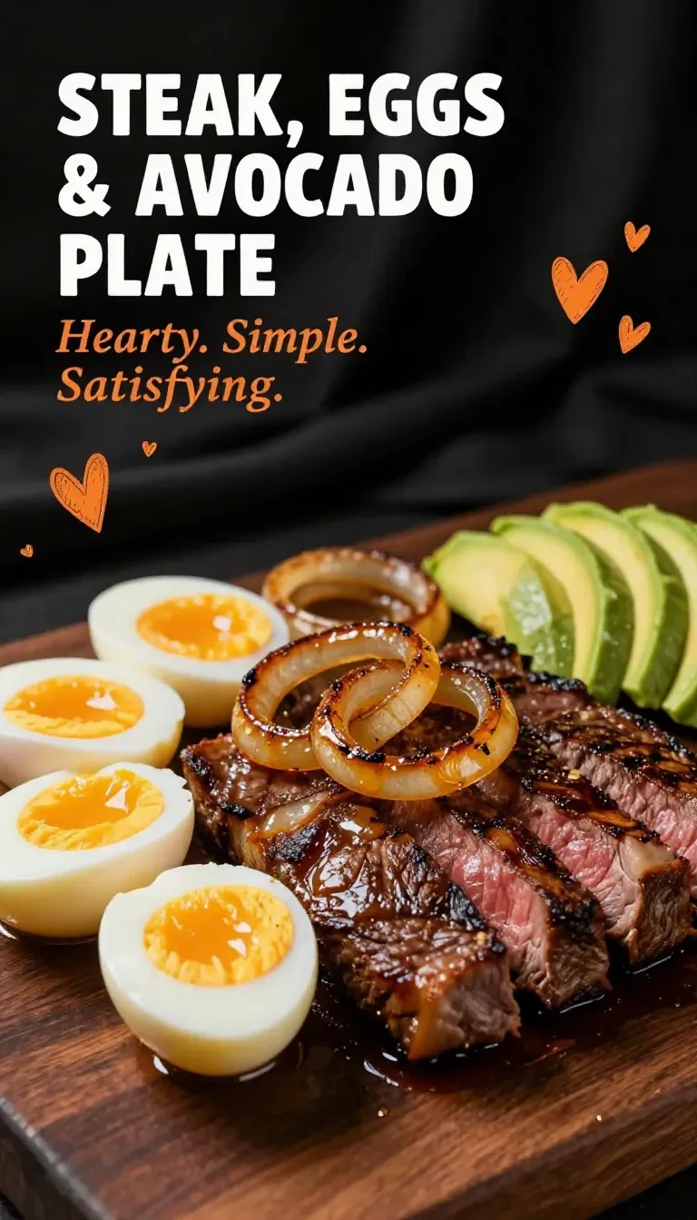 A hearty breakfast plate featuring sliced steak, sunny-side-up eggs, and fresh avocado slices served on a white plate.