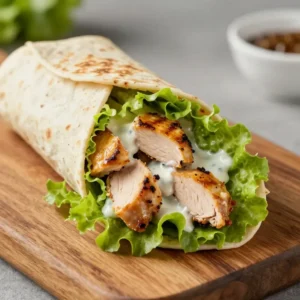 Close-up of a chicken Caesar salad wrap on a plate, showcasing fresh lettuce and grilled chicken.