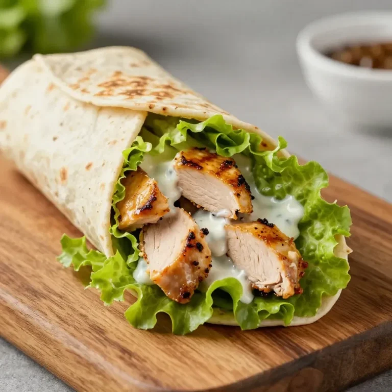Close-up of a chicken Caesar salad wrap on a plate, showcasing fresh lettuce and grilled chicken.