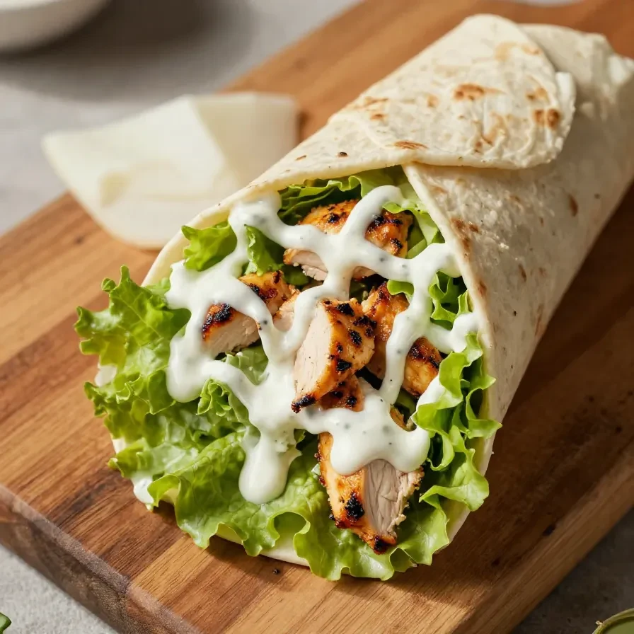 Close-up of a chicken Caesar salad wrap on a plate, showcasing fresh lettuce and grilled chicken.