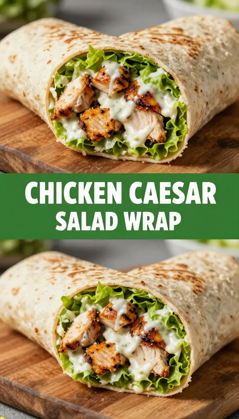 Close-up of a chicken Caesar salad wrap on a plate, showcasing fresh lettuce and grilled chicken.