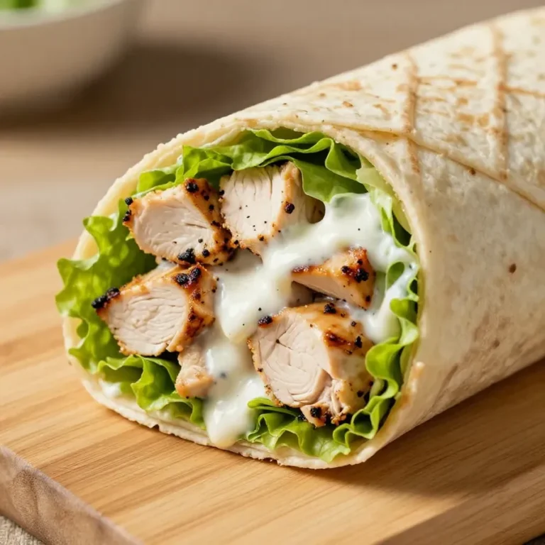A freshly prepared chicken Caesar salad wrap placed on a wooden cutting board.