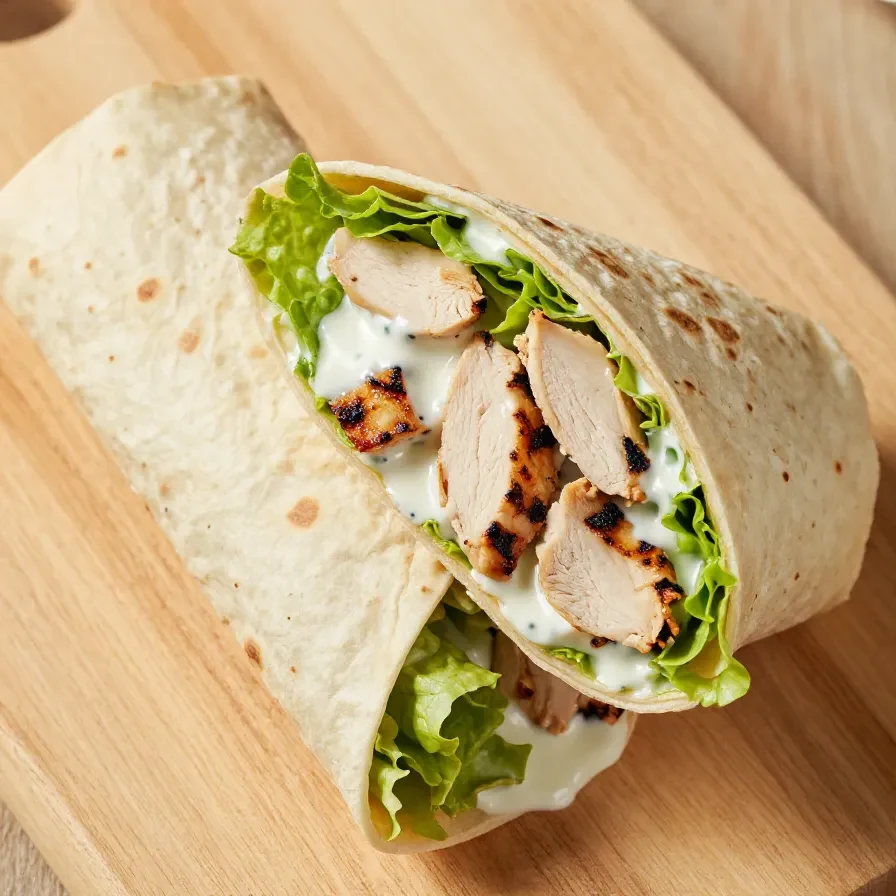 A freshly prepared chicken Caesar salad wrap placed on a wooden cutting board.